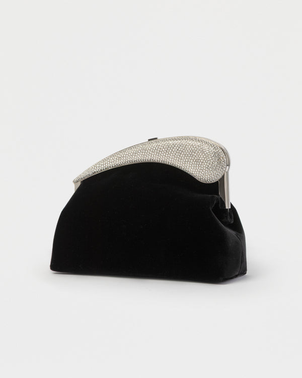 BLACK SILK VELVET CRYSTAL TEARDROP HANDBAG