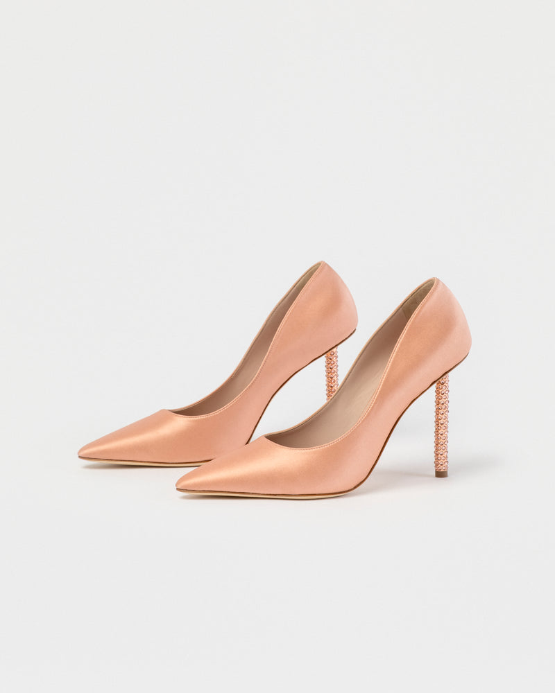 DUSTY PINK SATIN PUMP WITH CRYSTAL HEEL
