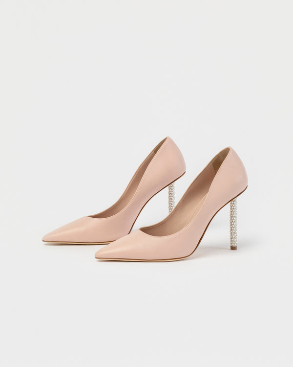 PALE PINK NAPA LEATHER POINTED PUMP WITH CRYSTAL HEEL