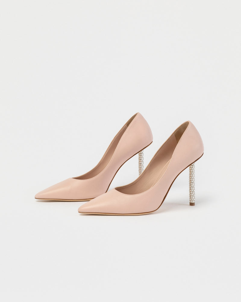 PALE PINK NAPA LEATHER POINTED PUMP WITH CRYSTAL HEEL