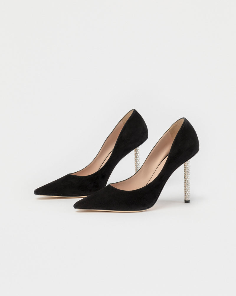 BLACK SUEDE PUMP WITH CRYSTAL HEEL