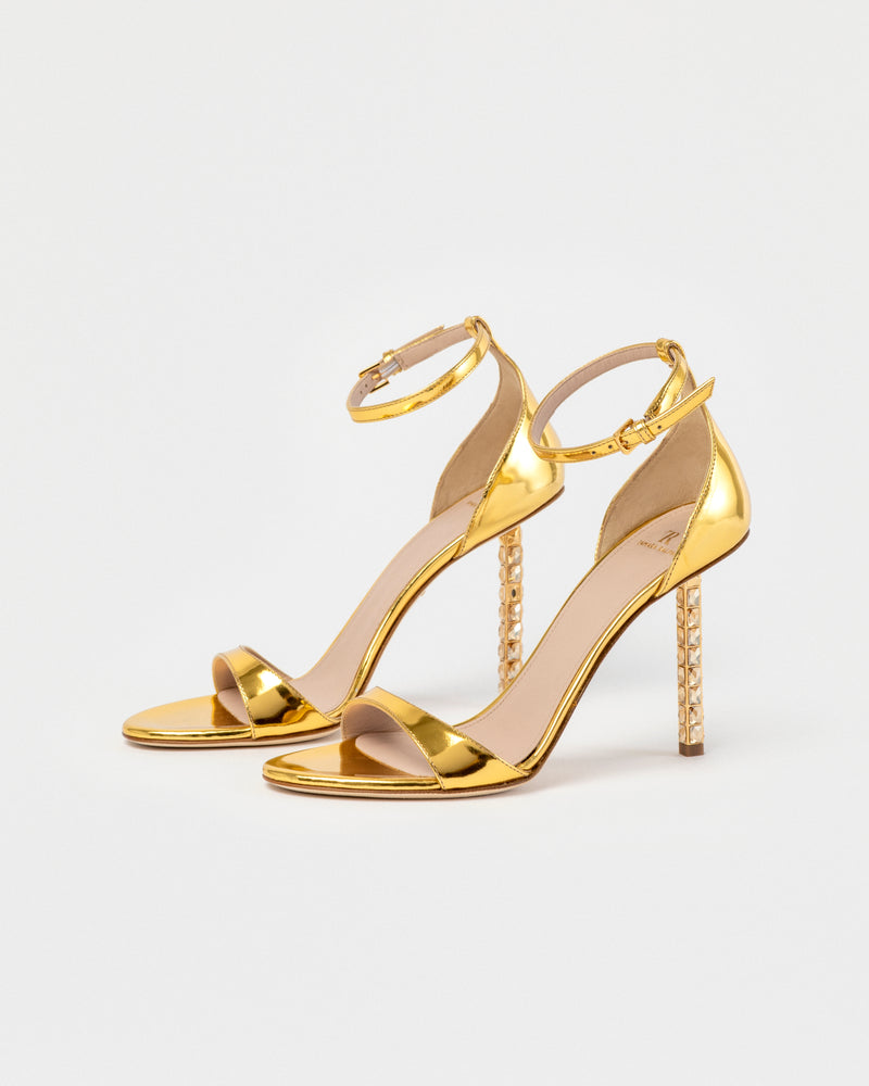 GOLD MIRROR LEATHER SANDAL WITH CRYSTAL BAGUETTE HEEL