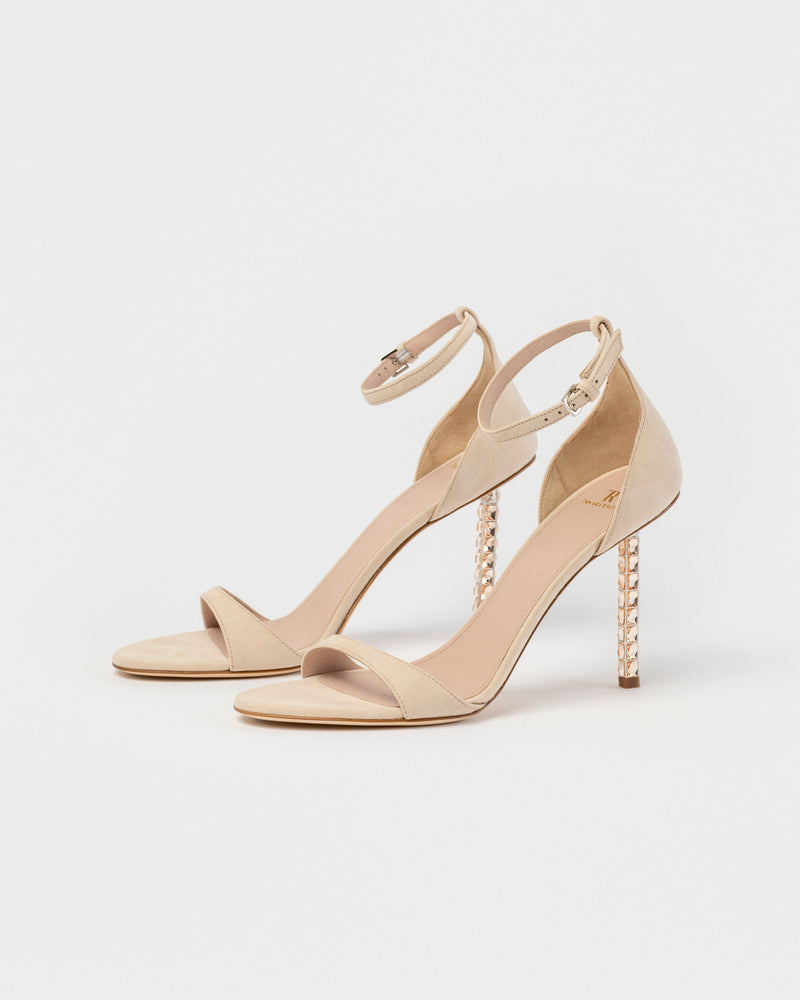 STONE SUEDE SANDAL WITH CRYSTAL BAGUETTE HEEL